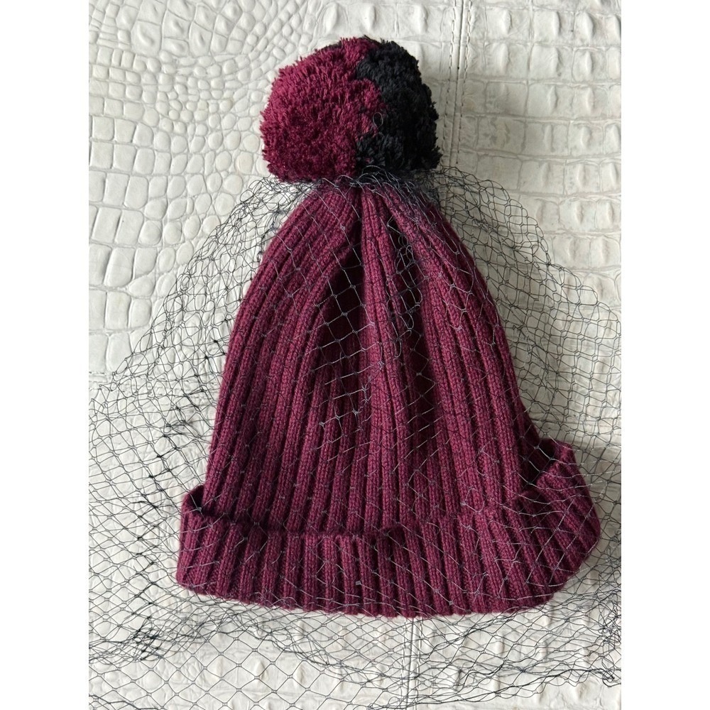 BCBGMAXAZRIA Maroon Knit Beanie Hat Black Pom Pom Veil Women's